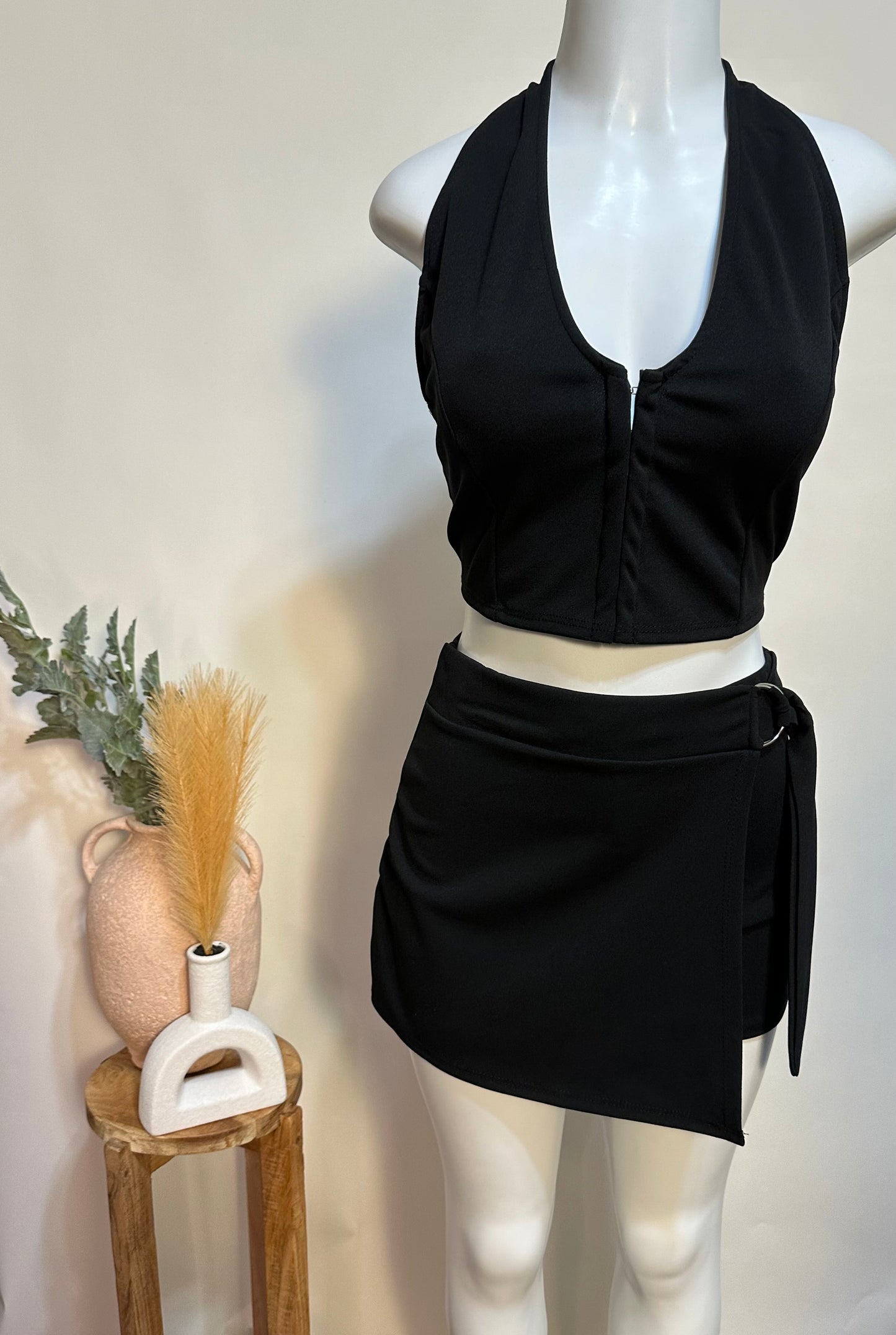 Two piece black corset and skort set