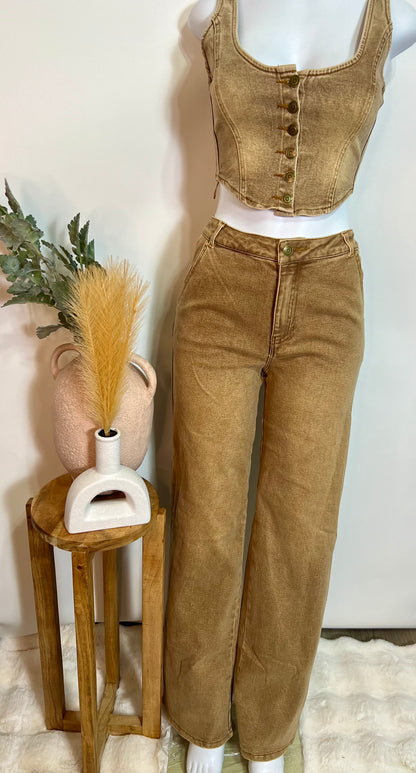 Brown denim bell bottom set