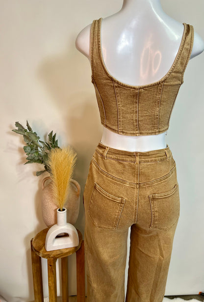 Brown denim bell bottom set